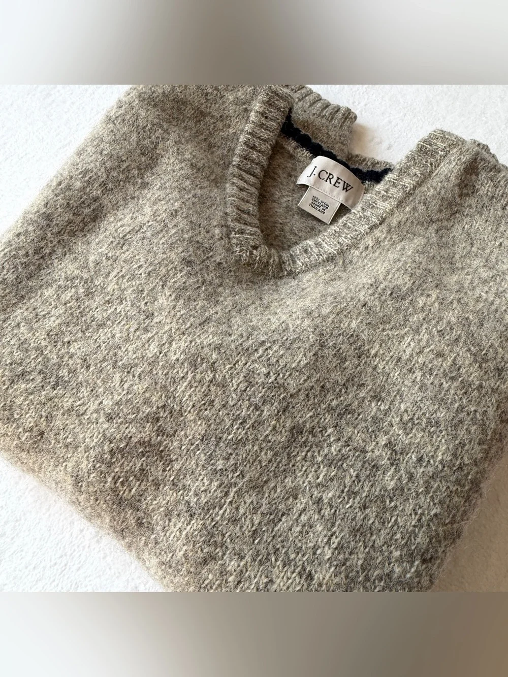 J Crew Tan Oatmeal 100% Shetland Wool Greige V Neck Marled Sweater Pullover, S